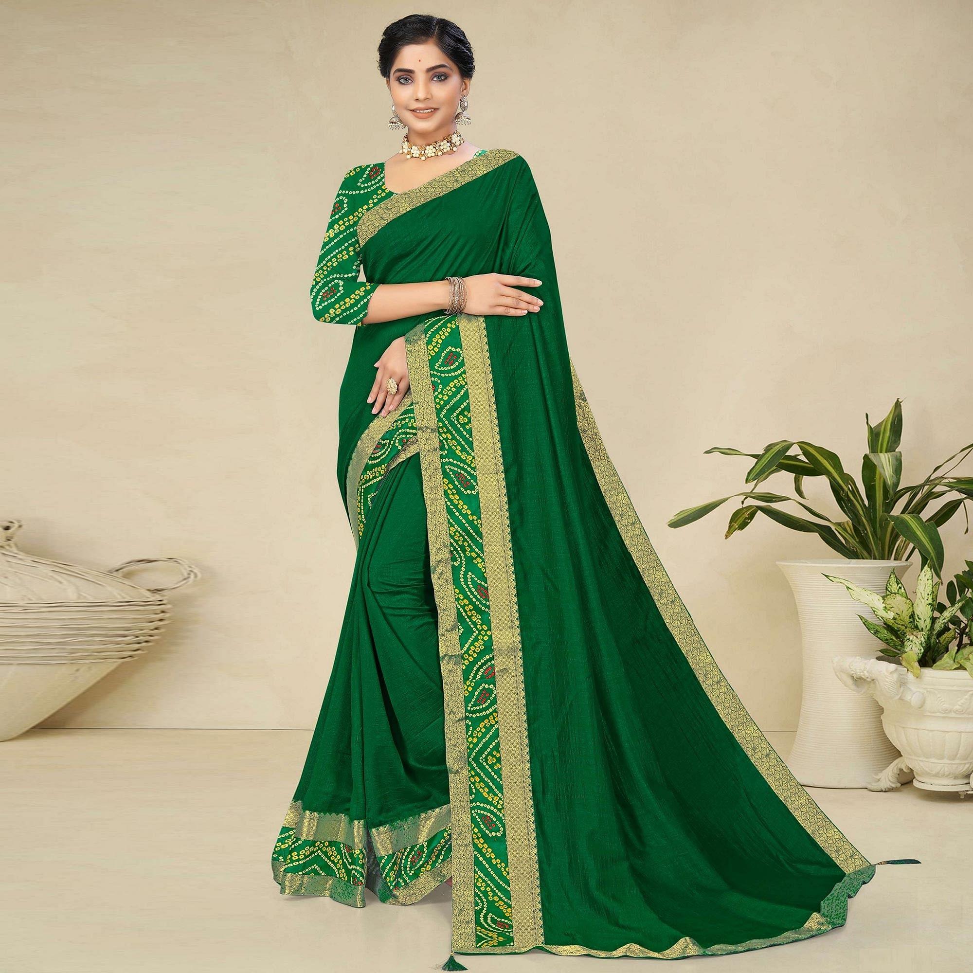 Green Festive Wear Bandhani Printed Border Silk Designer Saree - Peachmode