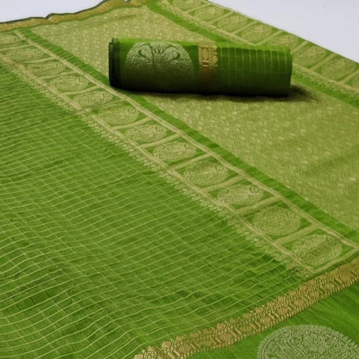 Green Festive Wear Checks Pattern Woven Silk Saree - Peachmode