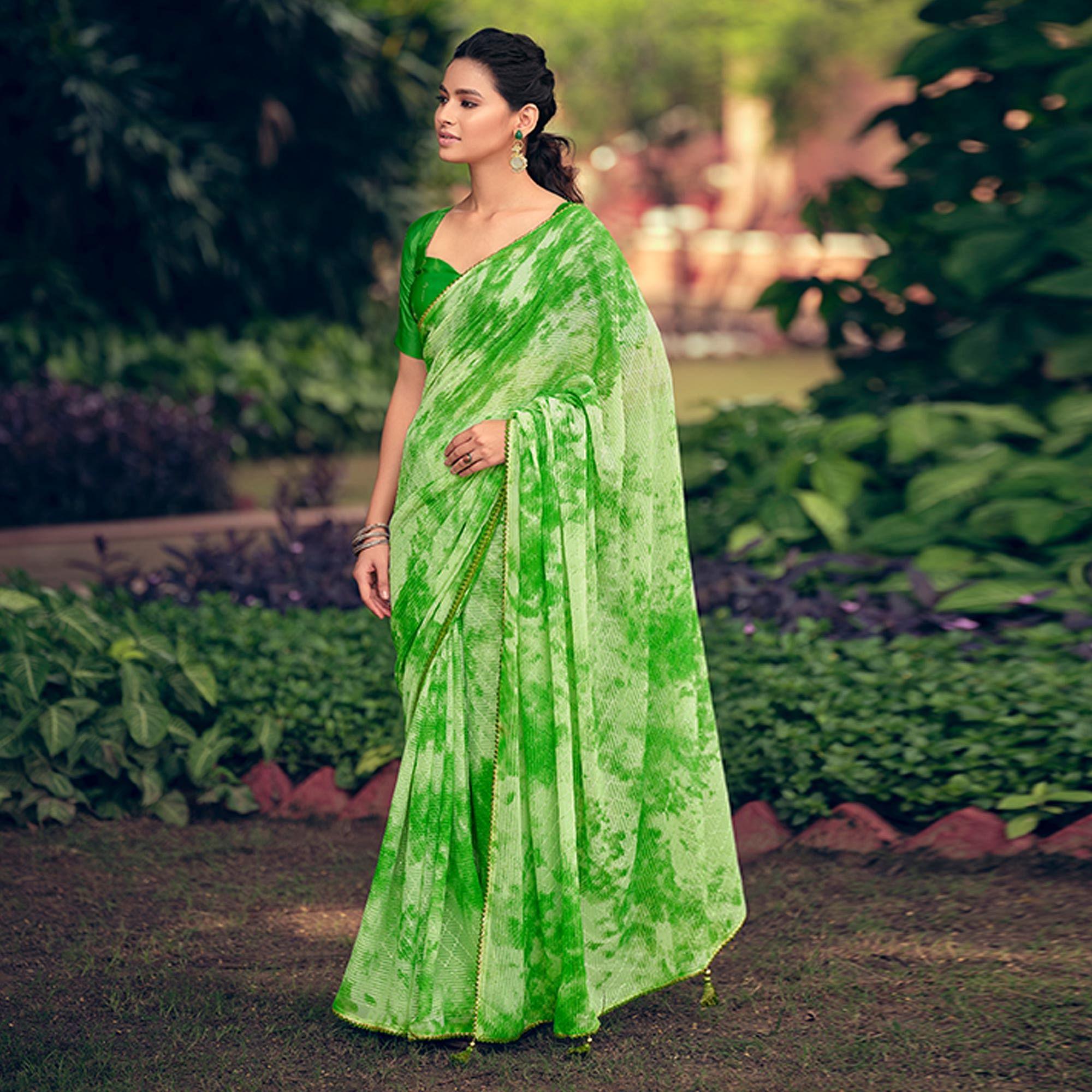 Green Festive Wear Crochet Work Georgette Saree - Peachmode