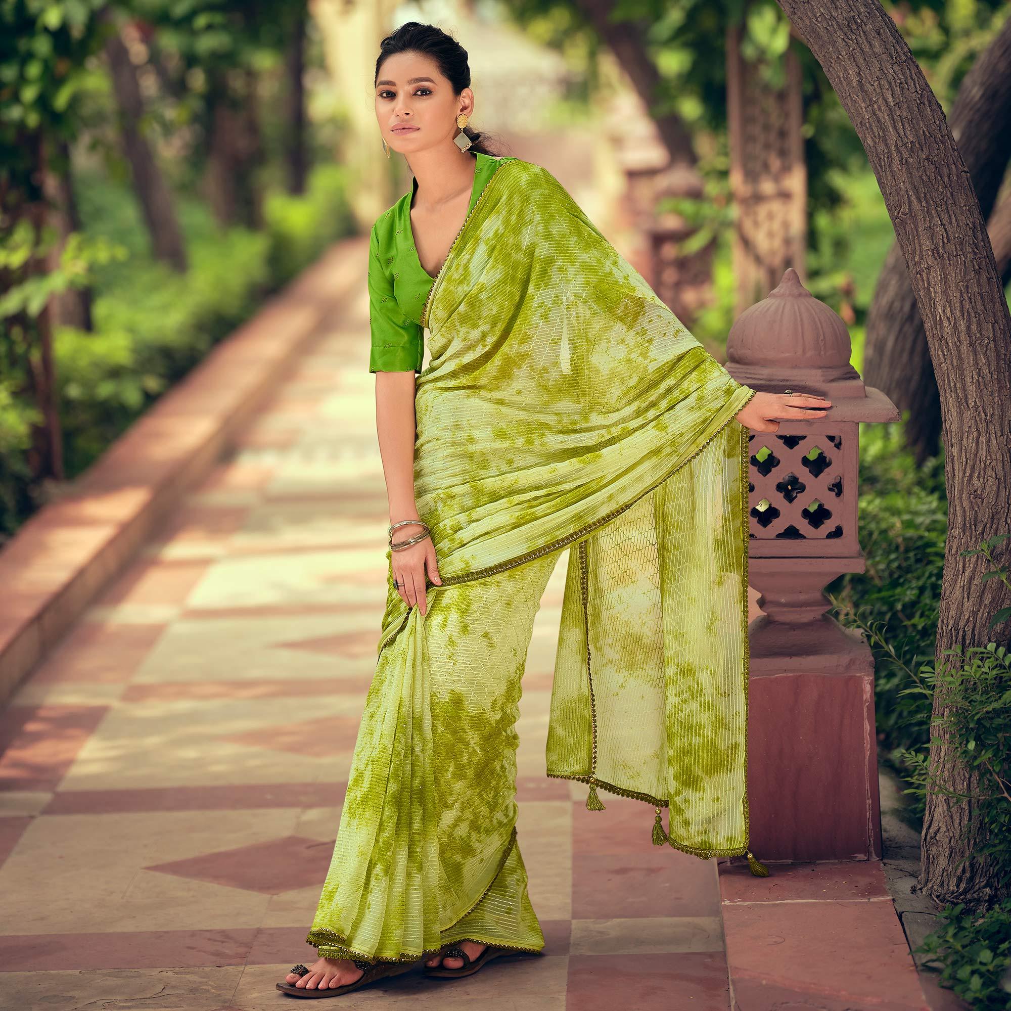 Green Festive Wear Crochet Work Georgette Saree - Peachmode