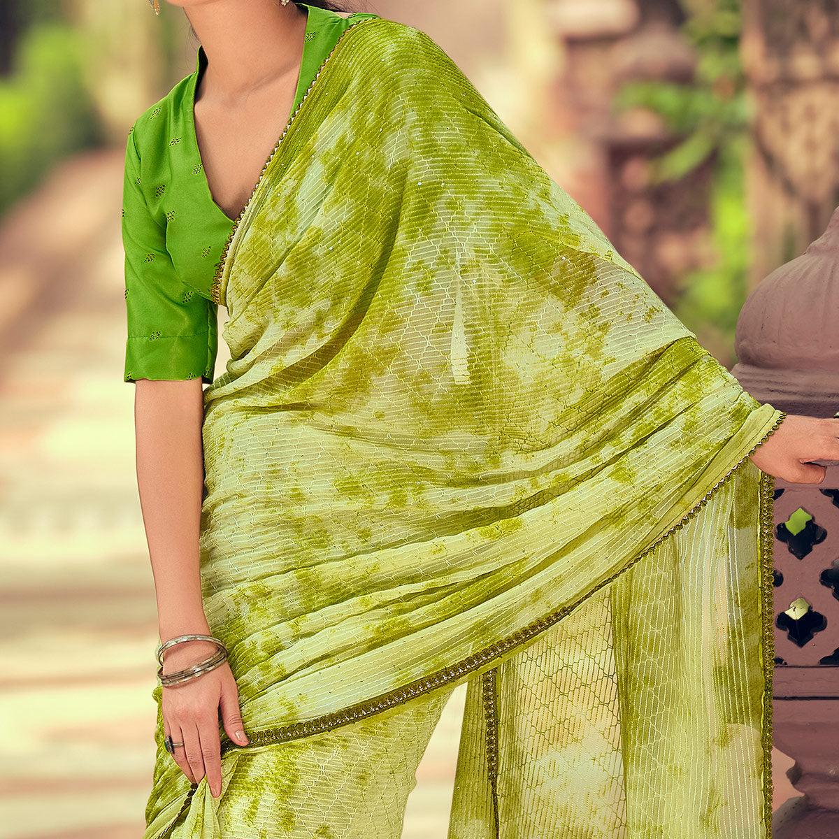 Green Festive Wear Crochet Work Georgette Saree - Peachmode