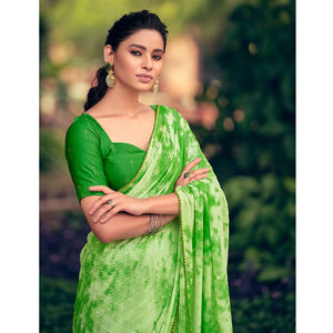 Green Festive Wear Crochet Work Georgette Saree - Peachmode