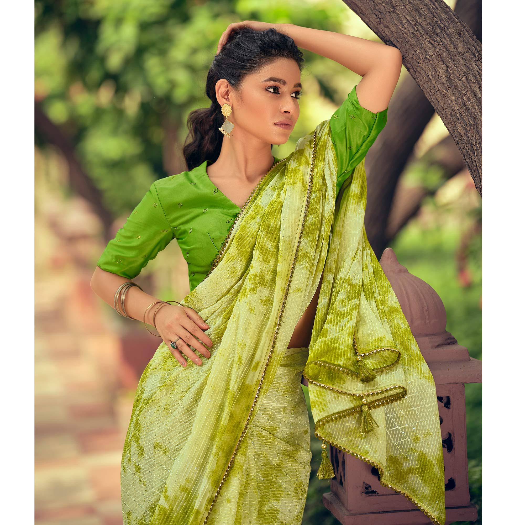 Green Festive Wear Crochet Work Georgette Saree - Peachmode