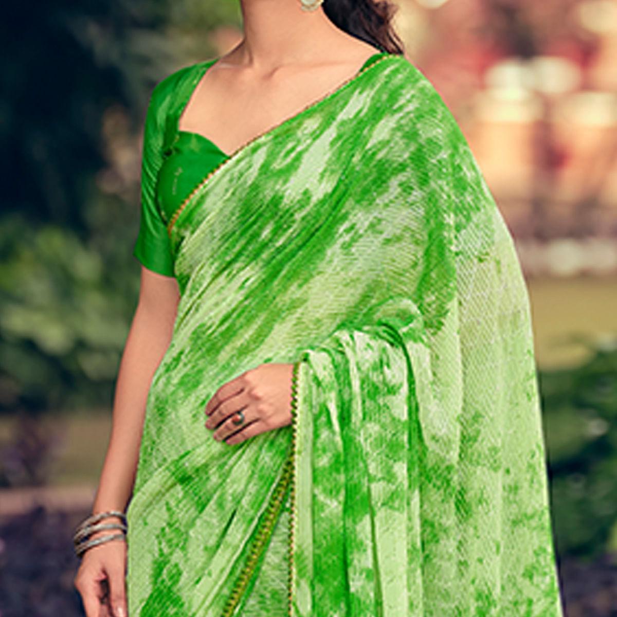 Green Festive Wear Crochet Work Georgette Saree - Peachmode