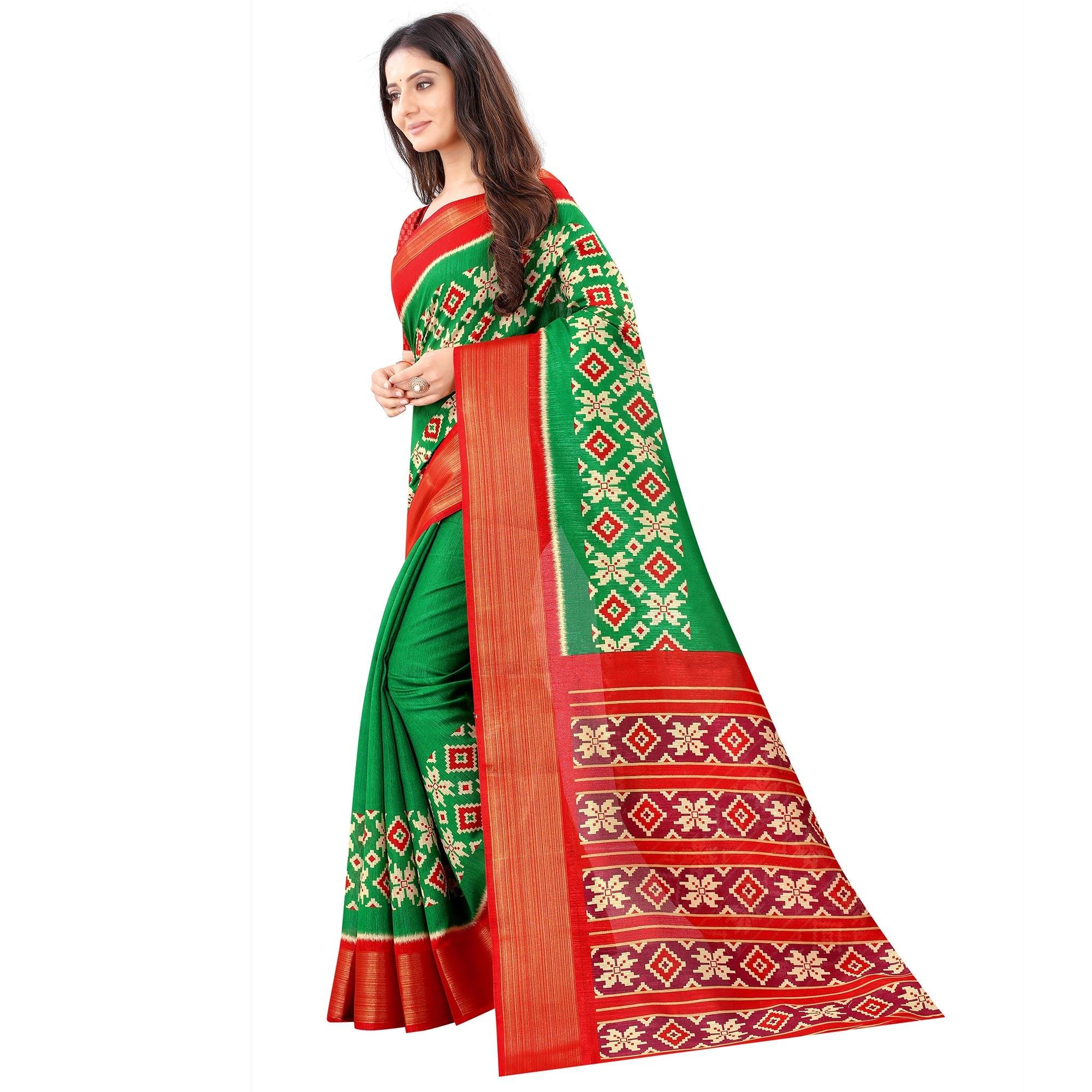 Green Festive Wear Designer Hand Block Printed Cotton Linen Saree - Peachmode