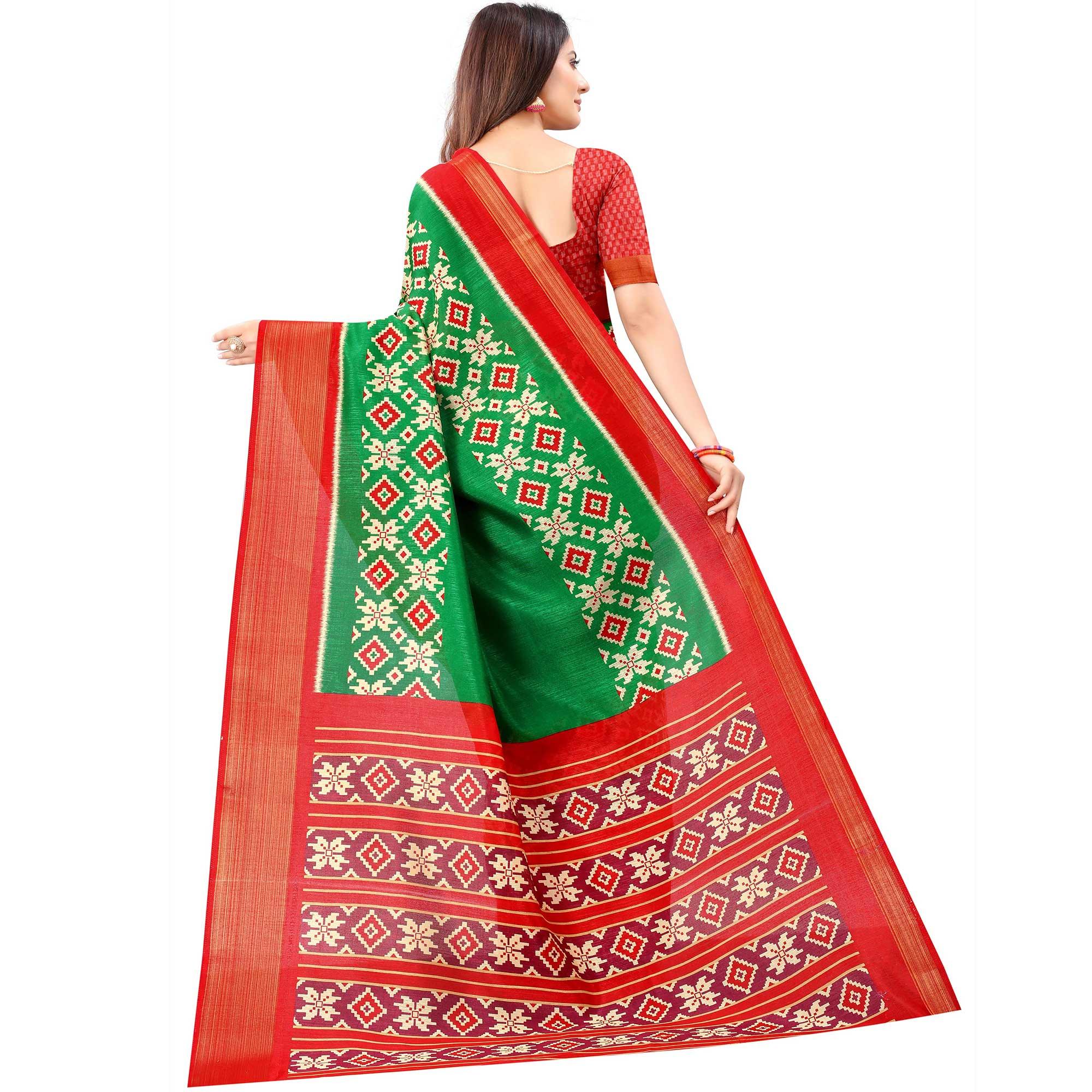 Green Festive Wear Designer Hand Block Printed Cotton Linen Saree - Peachmode
