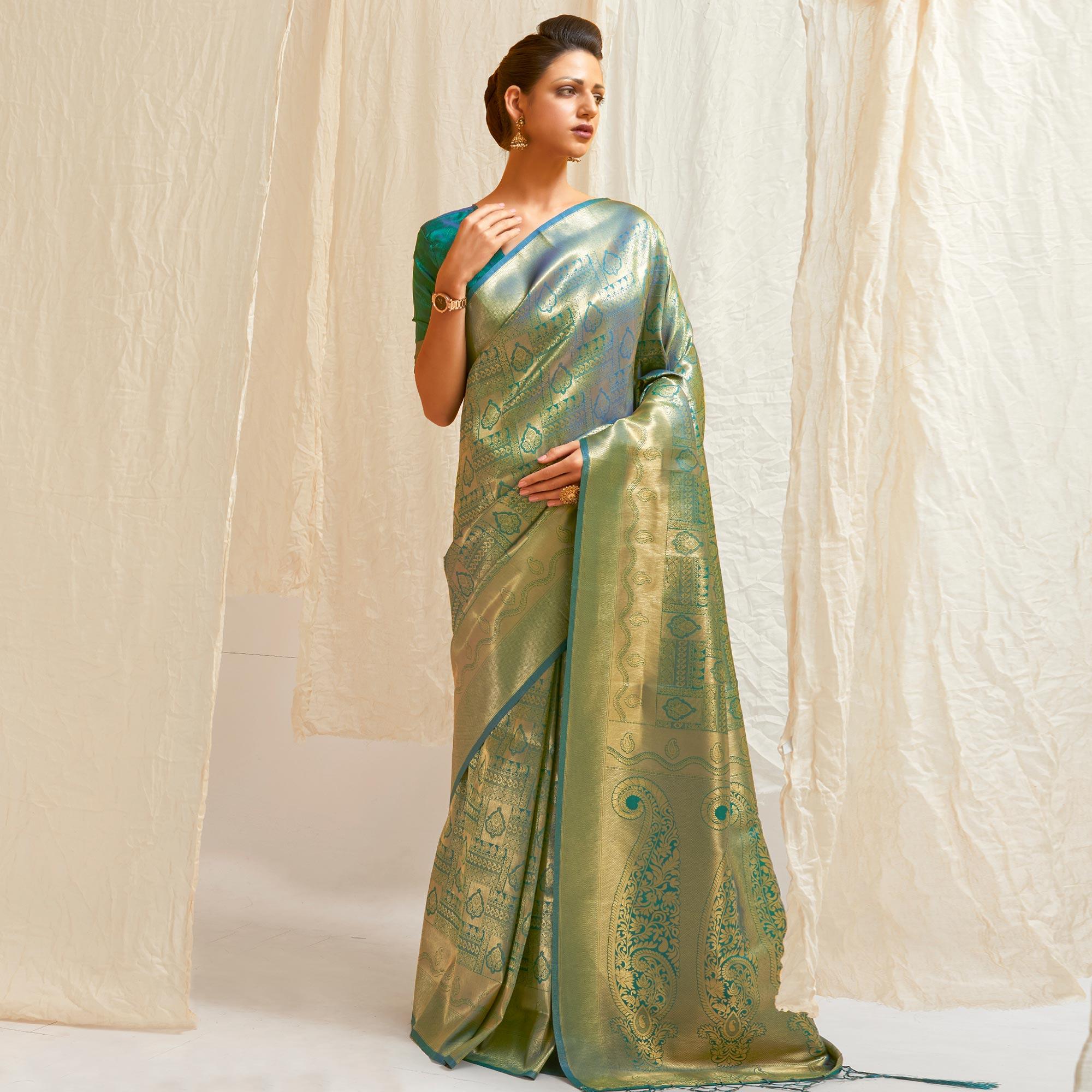 Green Festive Wear Designer Woven Silk Saree - Peachmode