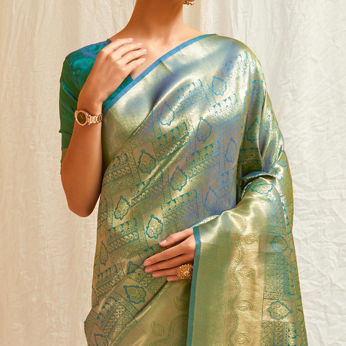 Green Festive Wear Designer Woven Silk Saree - Peachmode