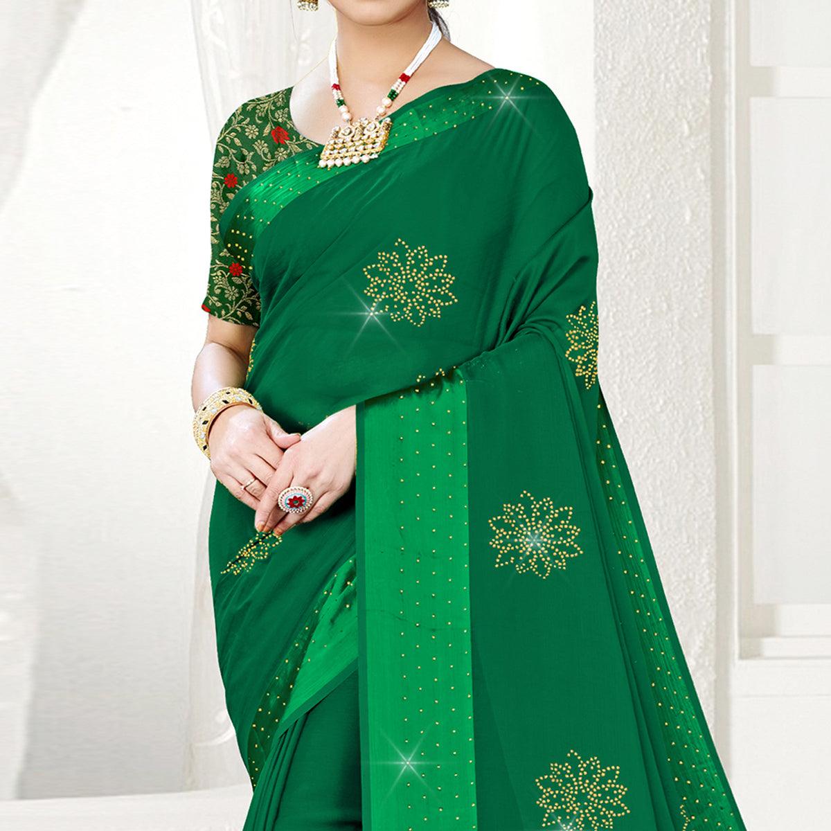 Green Festive Wear Diamond And Swarovski Soft Chiffon-Satin Saree - Peachmode