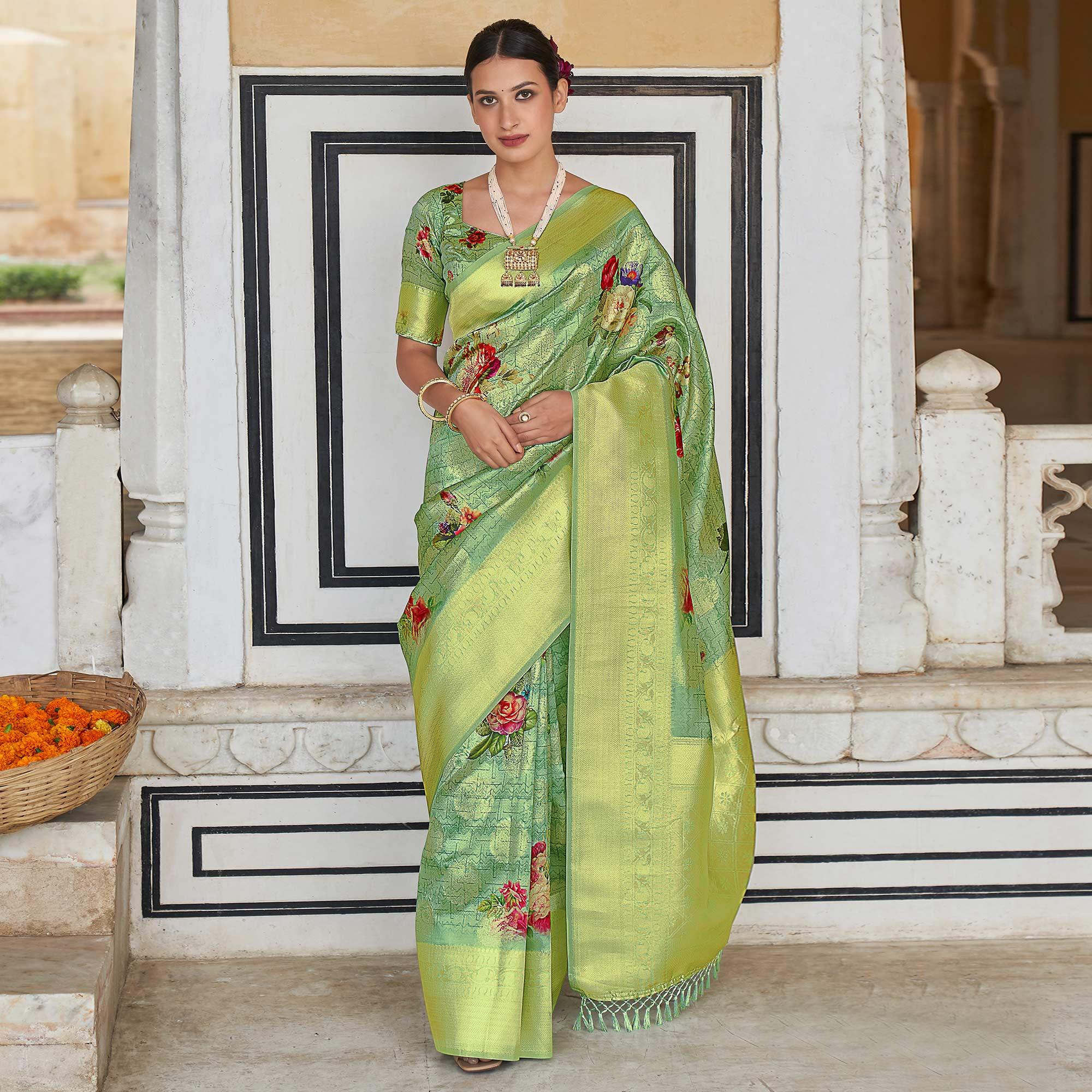 Green Festive Wear Digital Printed Jacquard Silk Saree - Peachmode