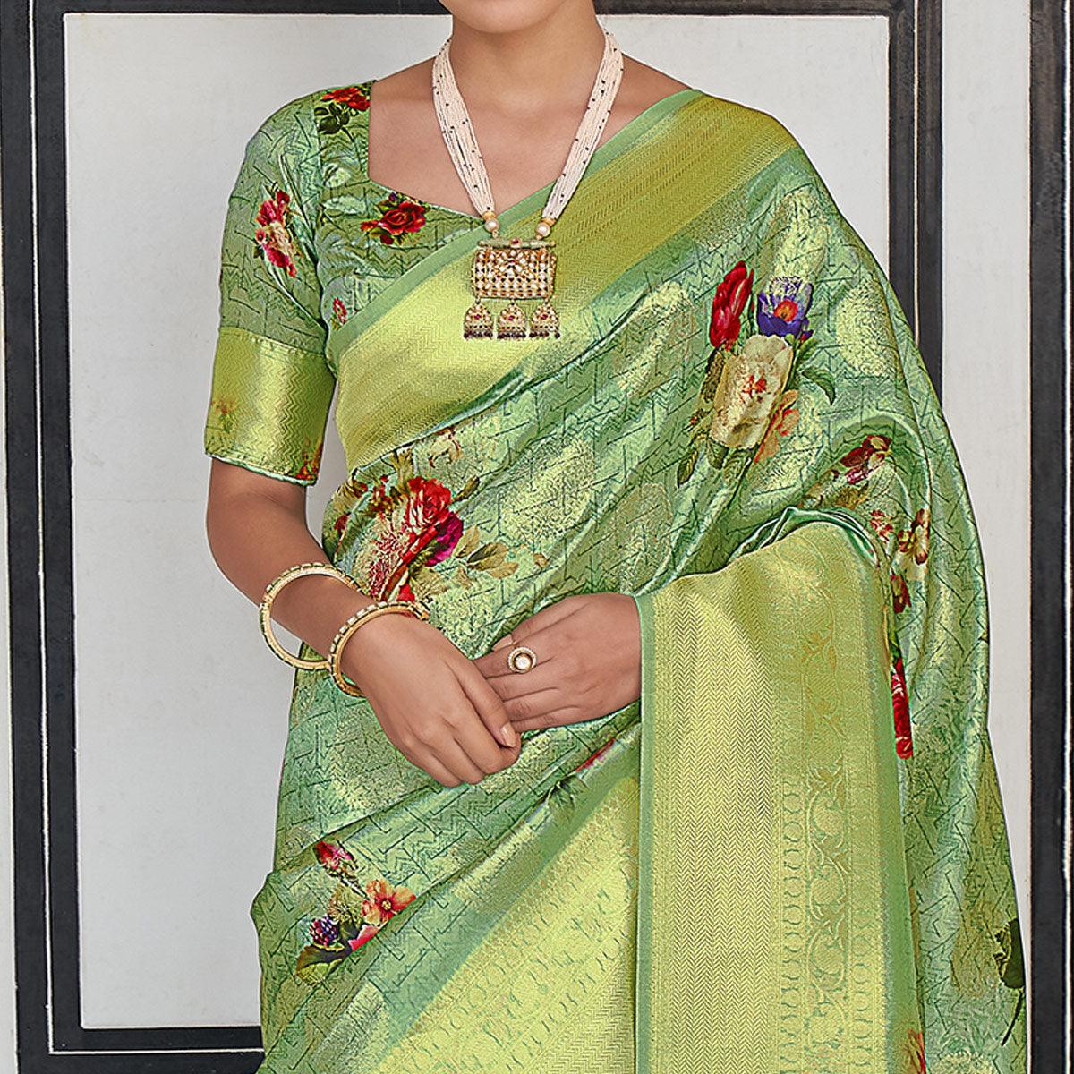 Green Festive Wear Digital Printed Jacquard Silk Saree - Peachmode