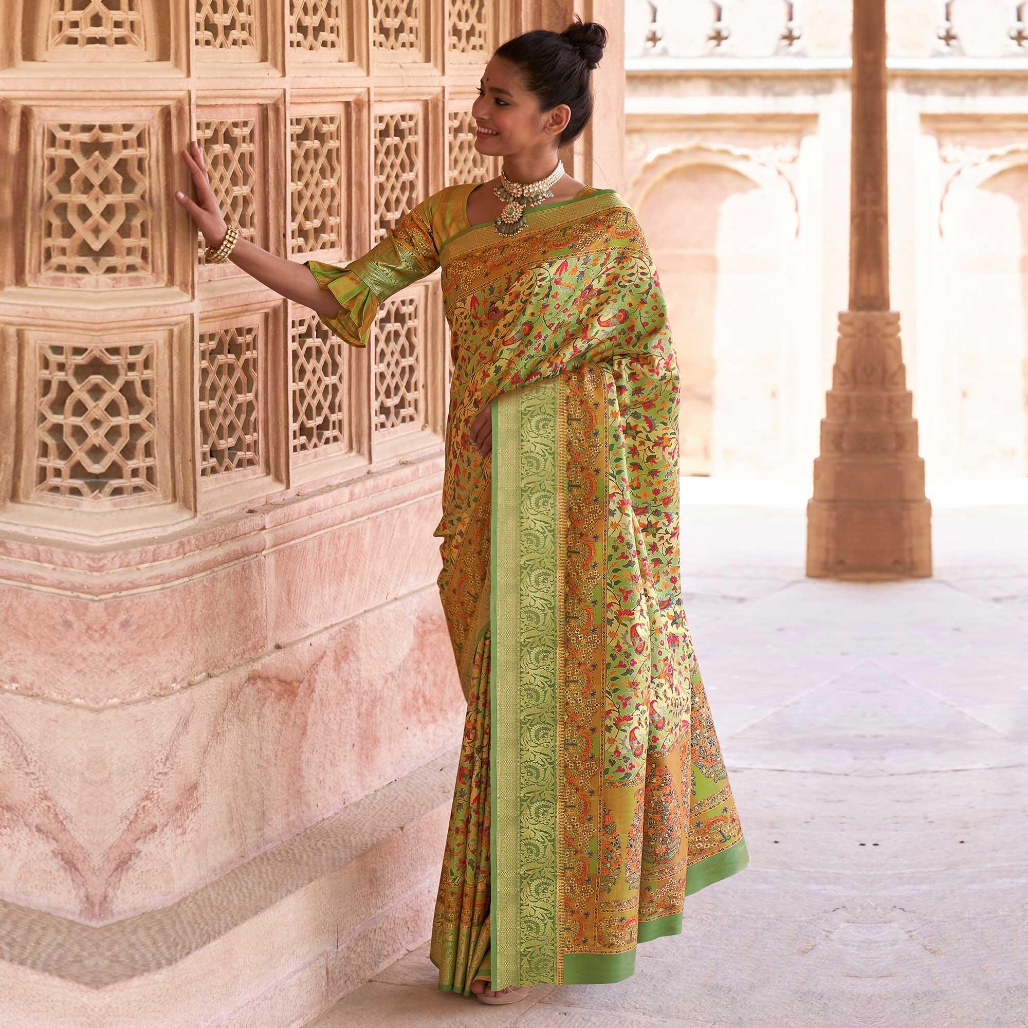 Green Festive Wear Digital Printed Soft Silk Saree With Viscose Zari Border - Peachmode