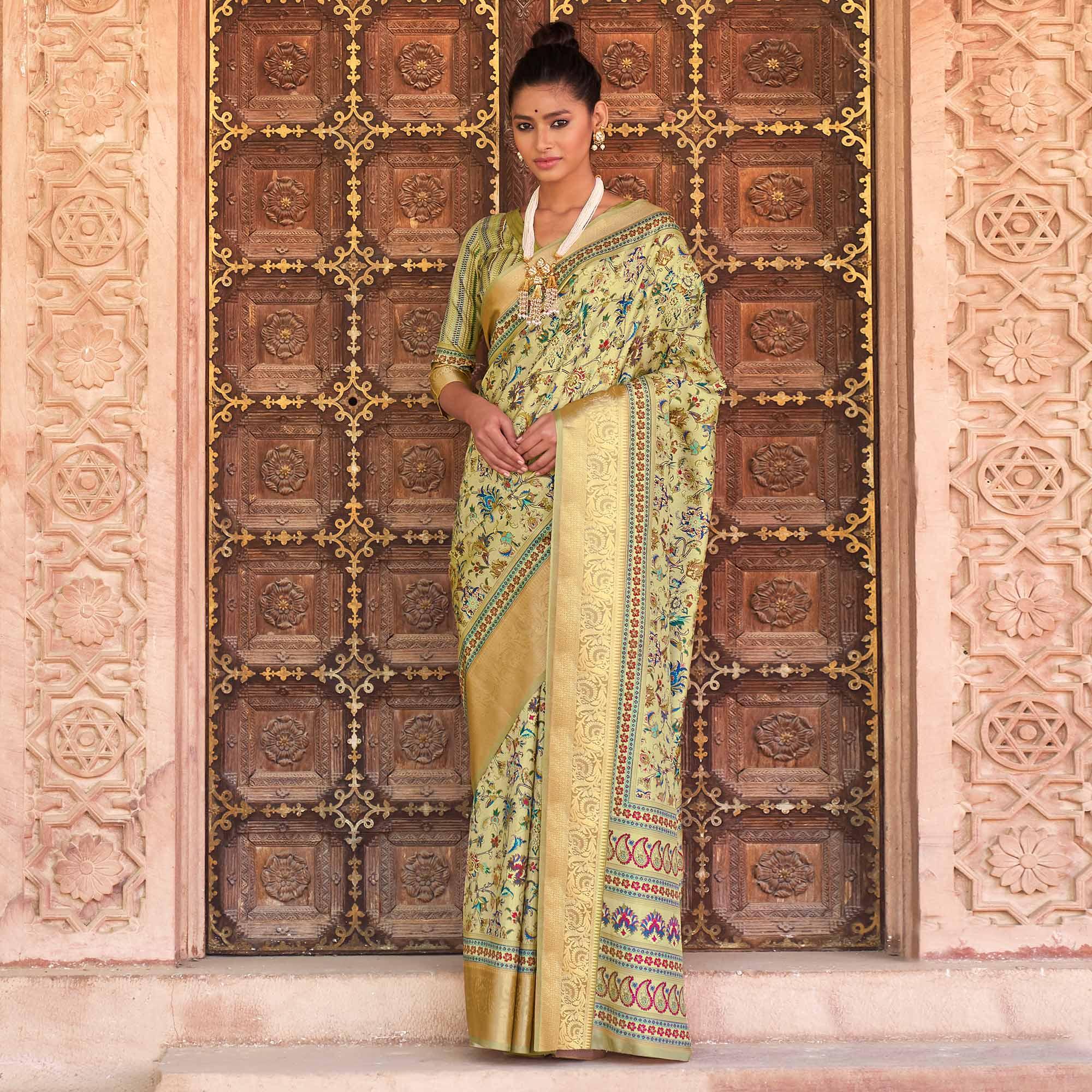 Green Festive Wear Digital Printed Soft Silk Saree With Viscose Zari Border - Peachmode