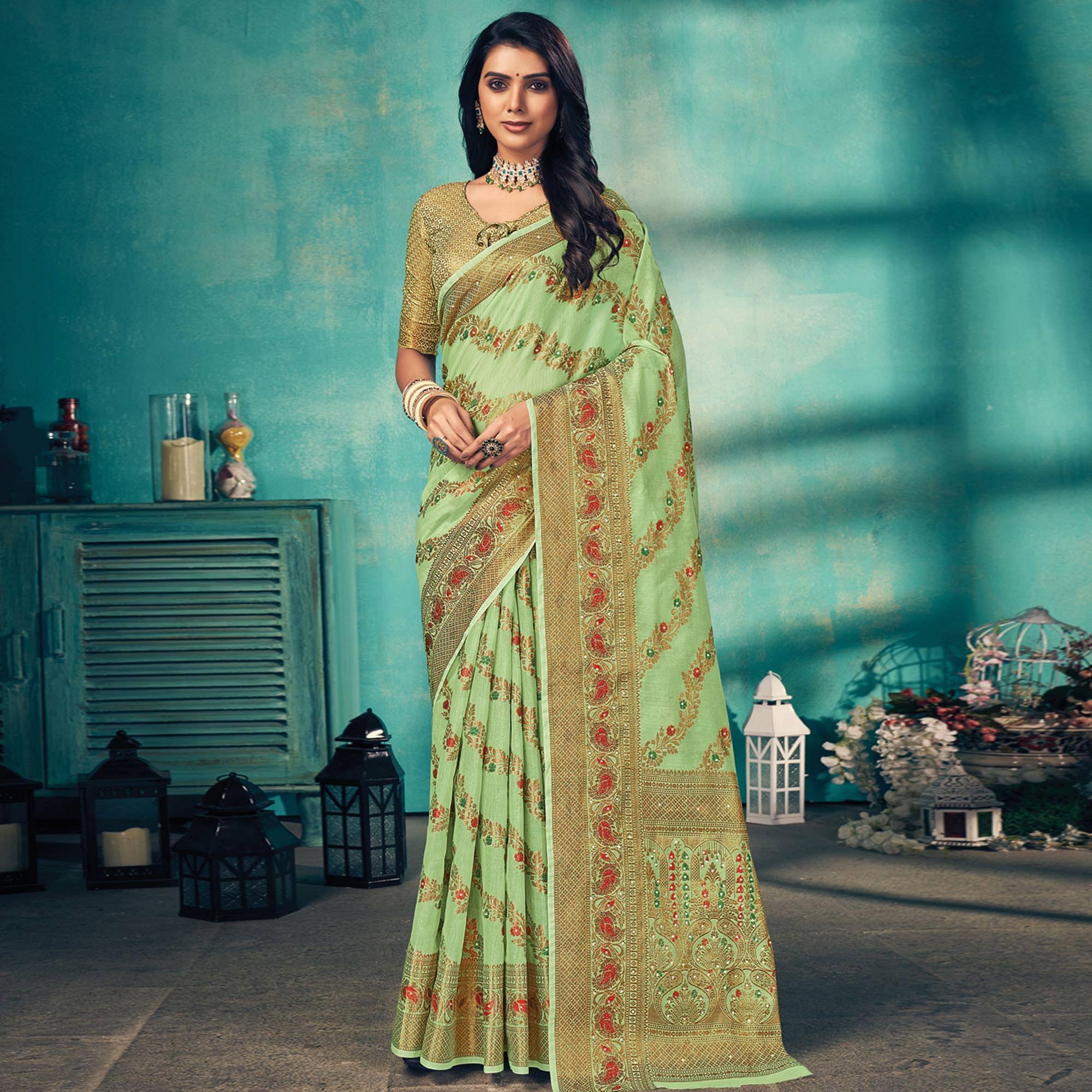 Green Festive Wear Embellished Cotton Saree - Peachmode