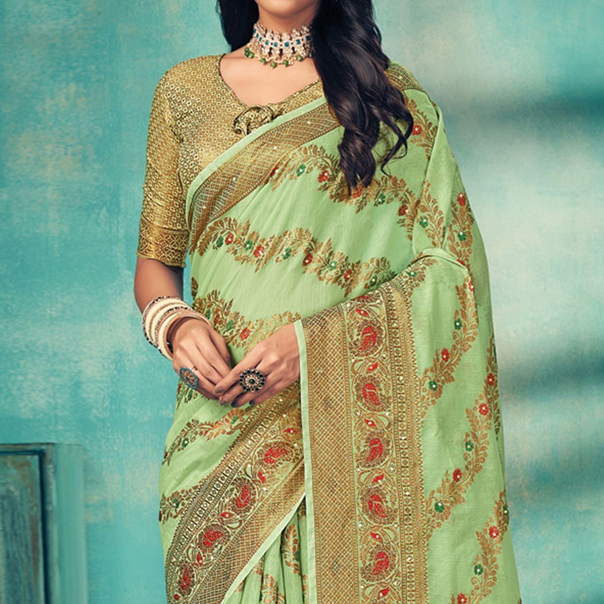 Green Festive Wear Embellished Cotton Saree - Peachmode