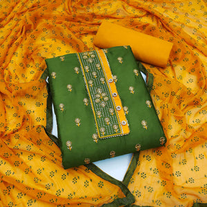 Green Festive Wear Embroidered & Embellished Cotton Dress Material - Peachmode