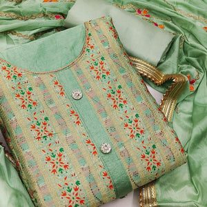 Green Festive Wear Embroidered Banarasi Silk Jacquard Dress Material - Peachmode