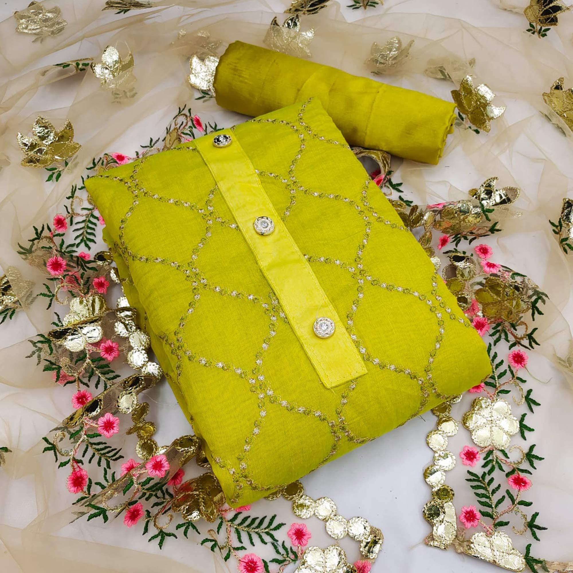 Green Festive Wear Embroidered Chanderi Dress Material - Peachmode