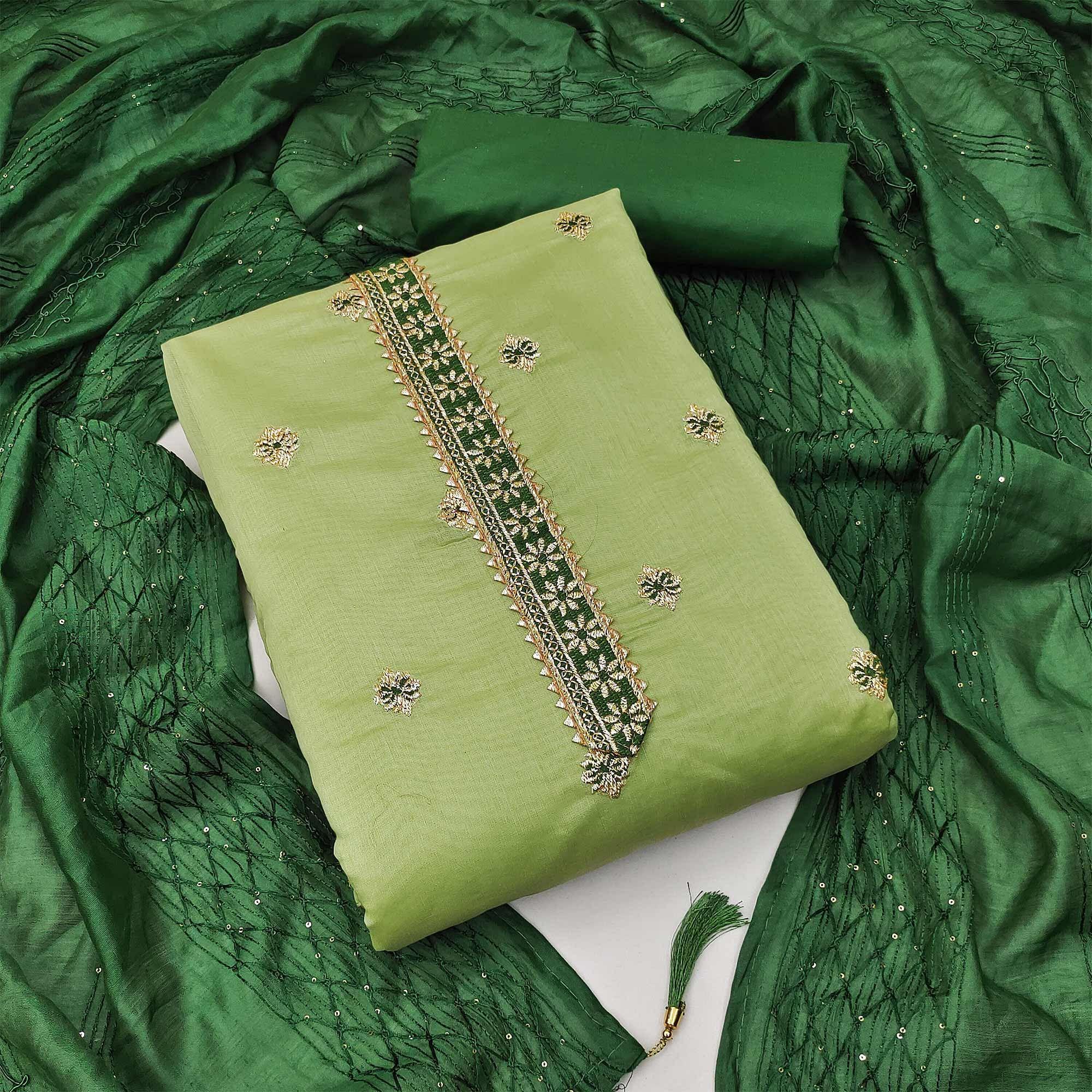 Green Festive Wear Embroidered Chanderi Dress Material - Peachmode