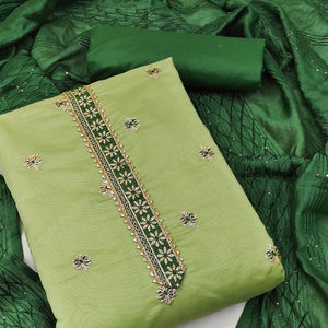 Green Festive Wear Embroidered Chanderi Dress Material - Peachmode