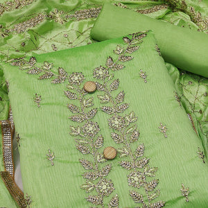 Green Festive Wear Embroidered Chanderi Dress Material - Peachmode