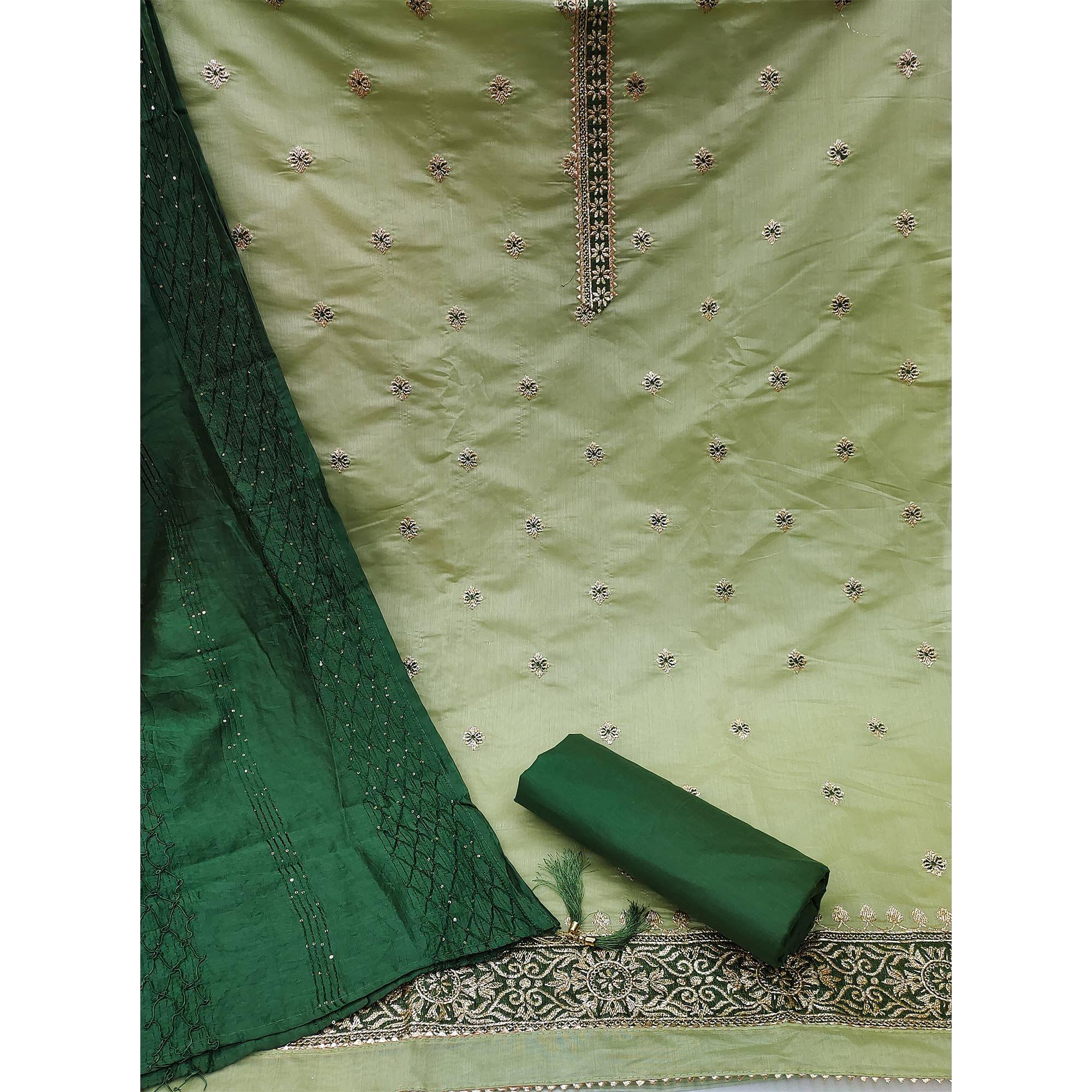 Green Festive Wear Embroidered Chanderi Dress Material - Peachmode