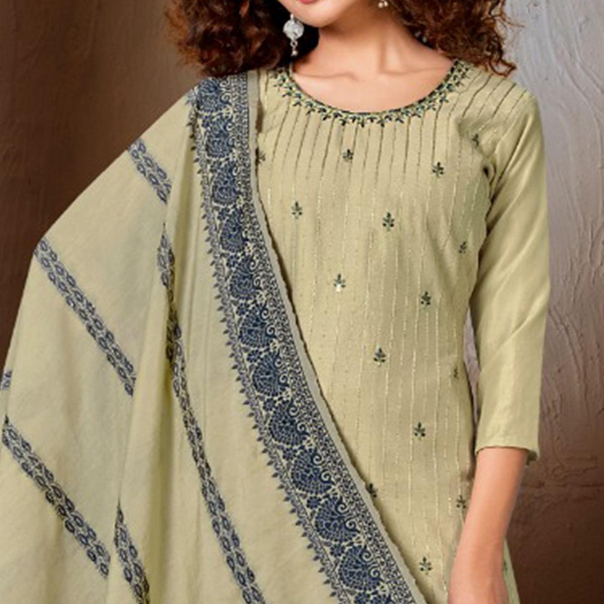 Green Festive Wear Embroidered Chanderi Suit - Peachmode