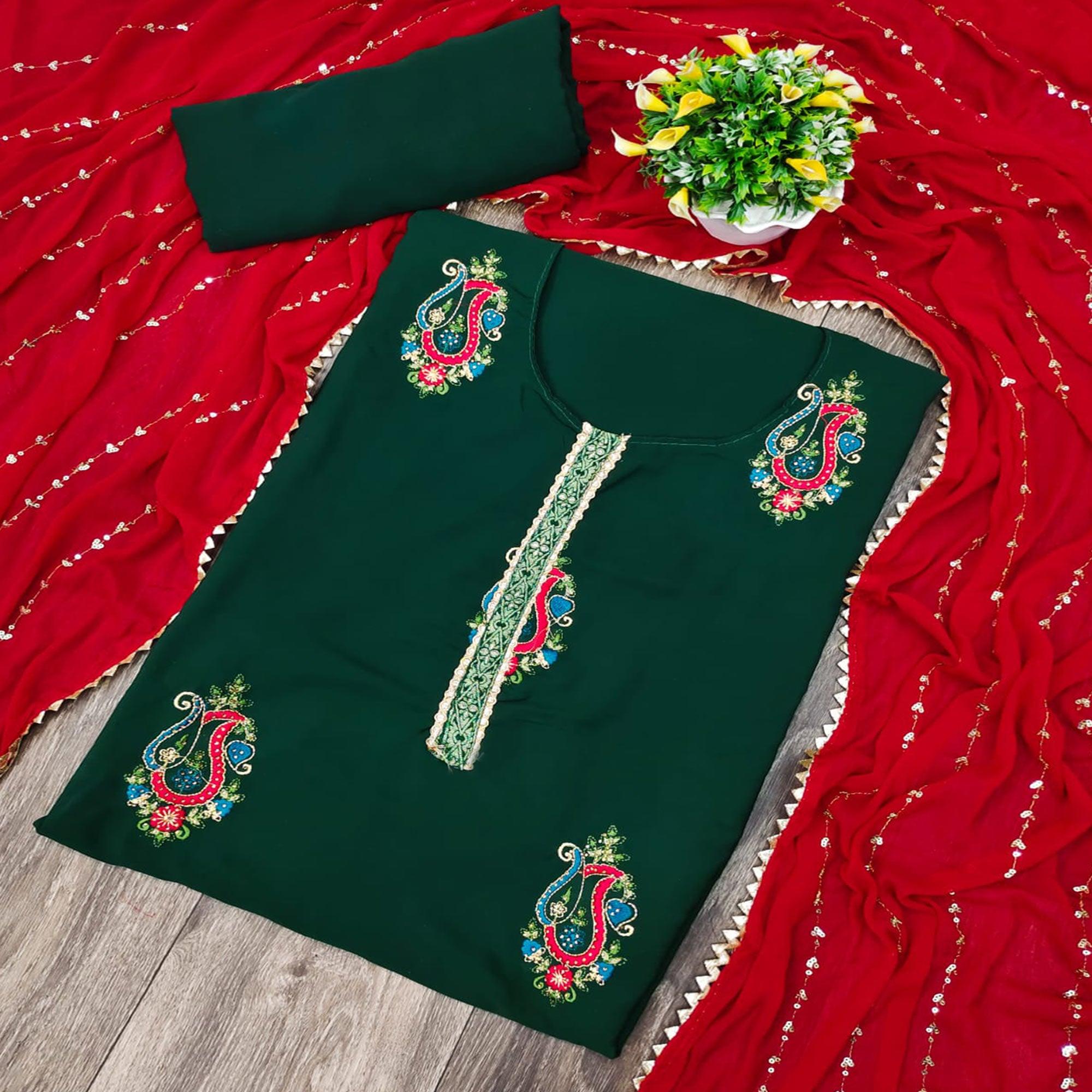 Green Festive Wear Embroidered Cotton Dress Material - Peachmode