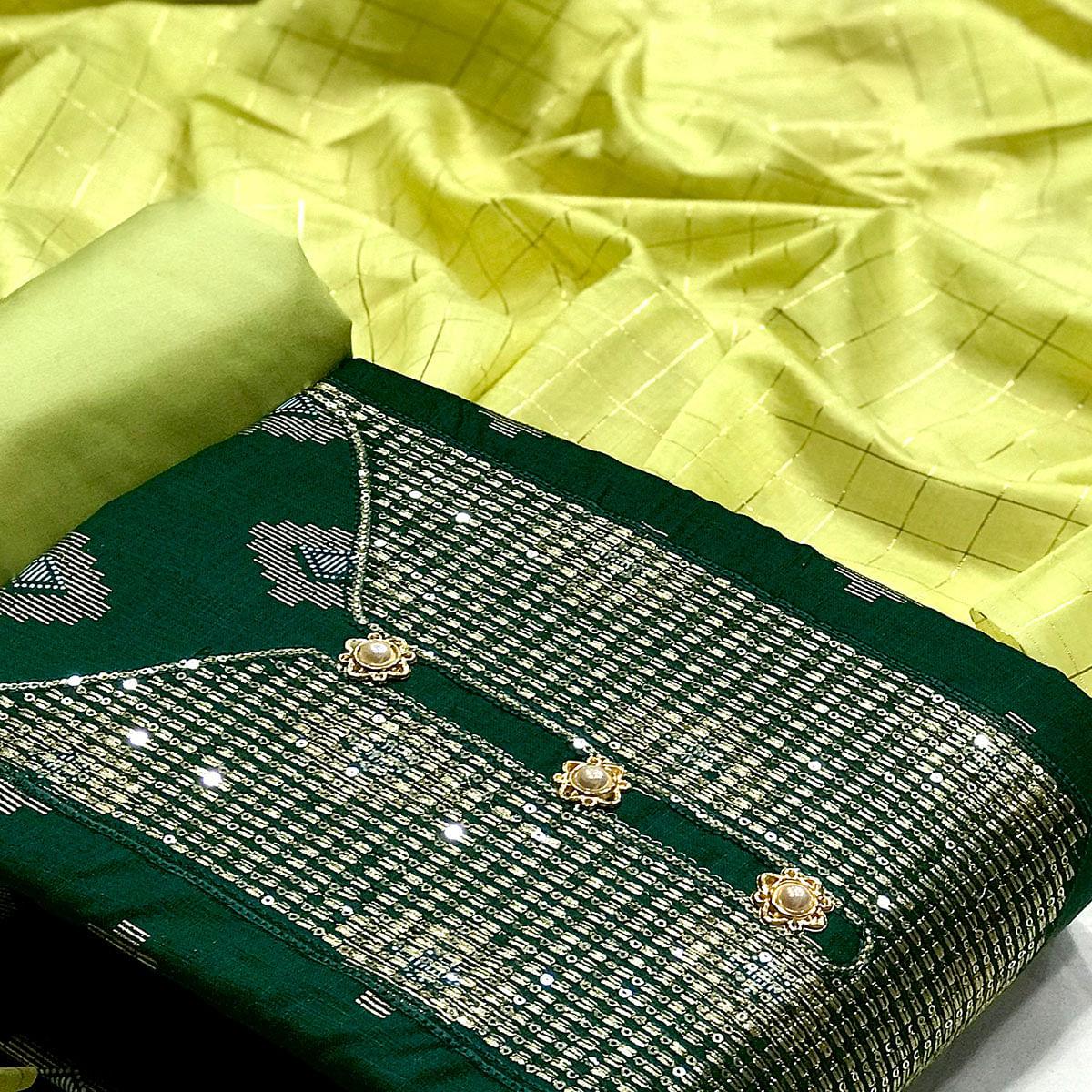 Green Festive Wear Embroidered Cotton Dress Material - Peachmode