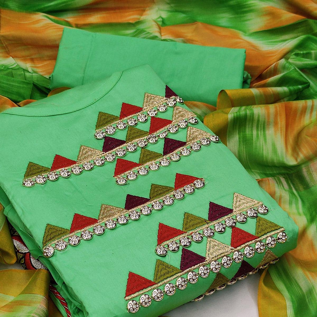 Green Festive Wear Embroidered Cotton Dress Material - Peachmode