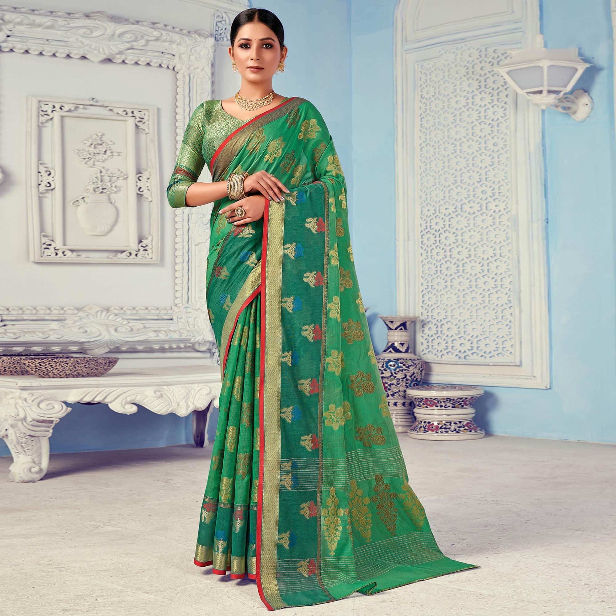 Green Festive Wear Embroidered Cotton Handloom Saree - Peachmode