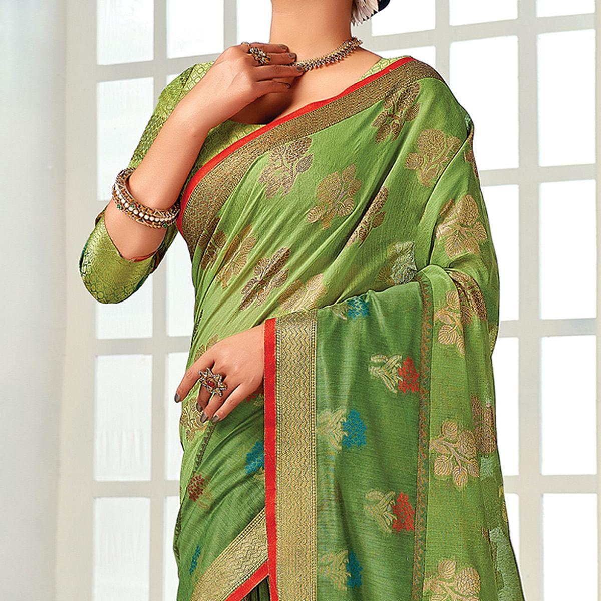 Green Festive Wear Embroidered Cotton Handloom Saree - Peachmode