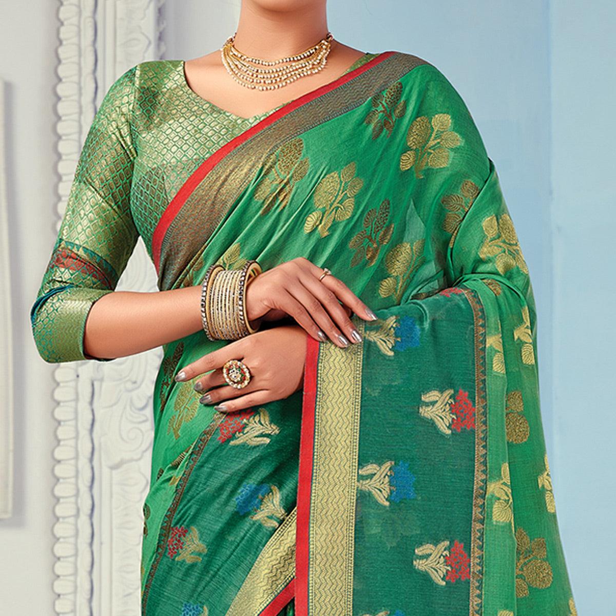 Green Festive Wear Embroidered Cotton Handloom Saree - Peachmode