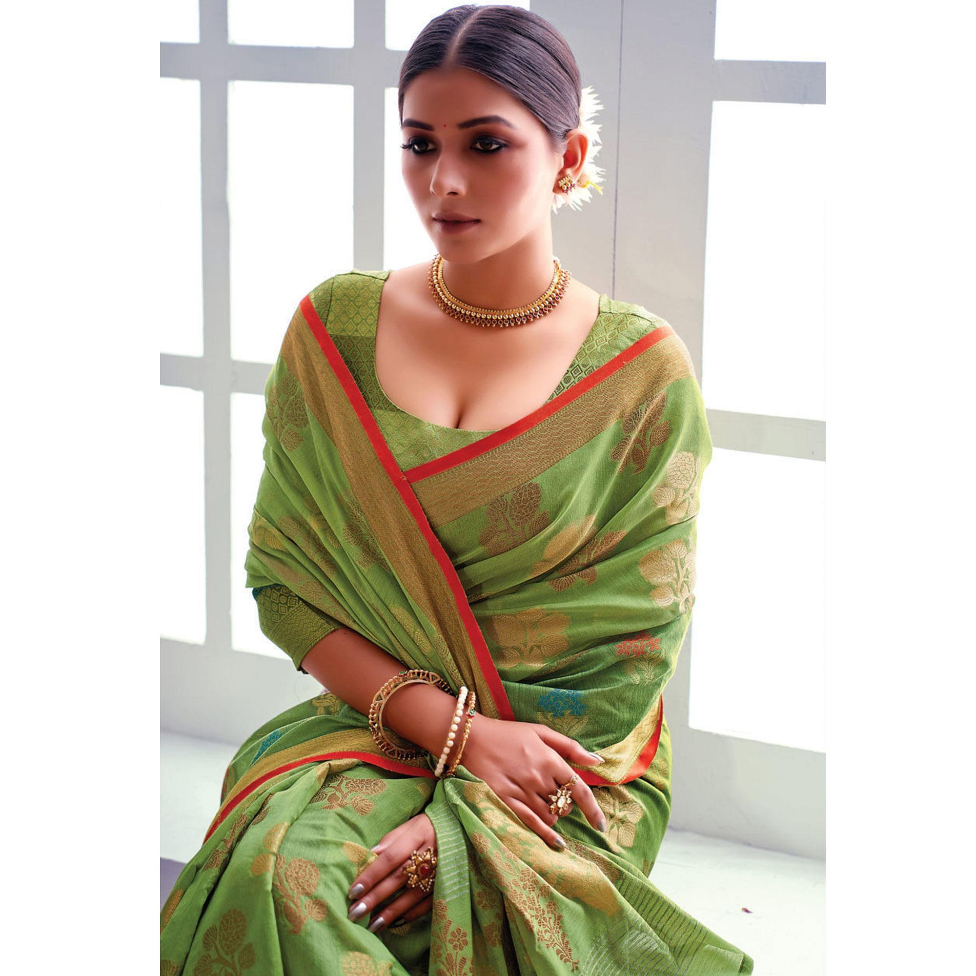 Green Festive Wear Embroidered Cotton Handloom Saree - Peachmode
