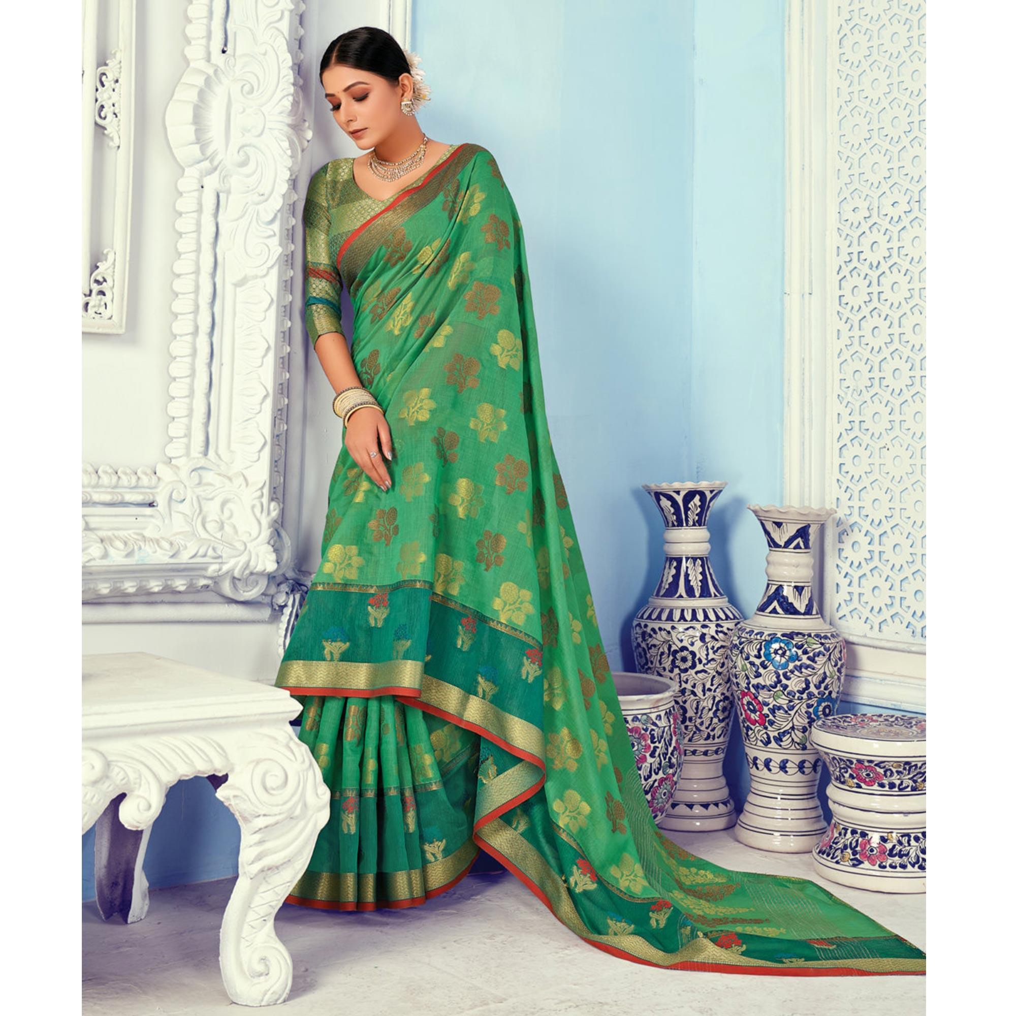 Green Festive Wear Embroidered Cotton Handloom Saree - Peachmode
