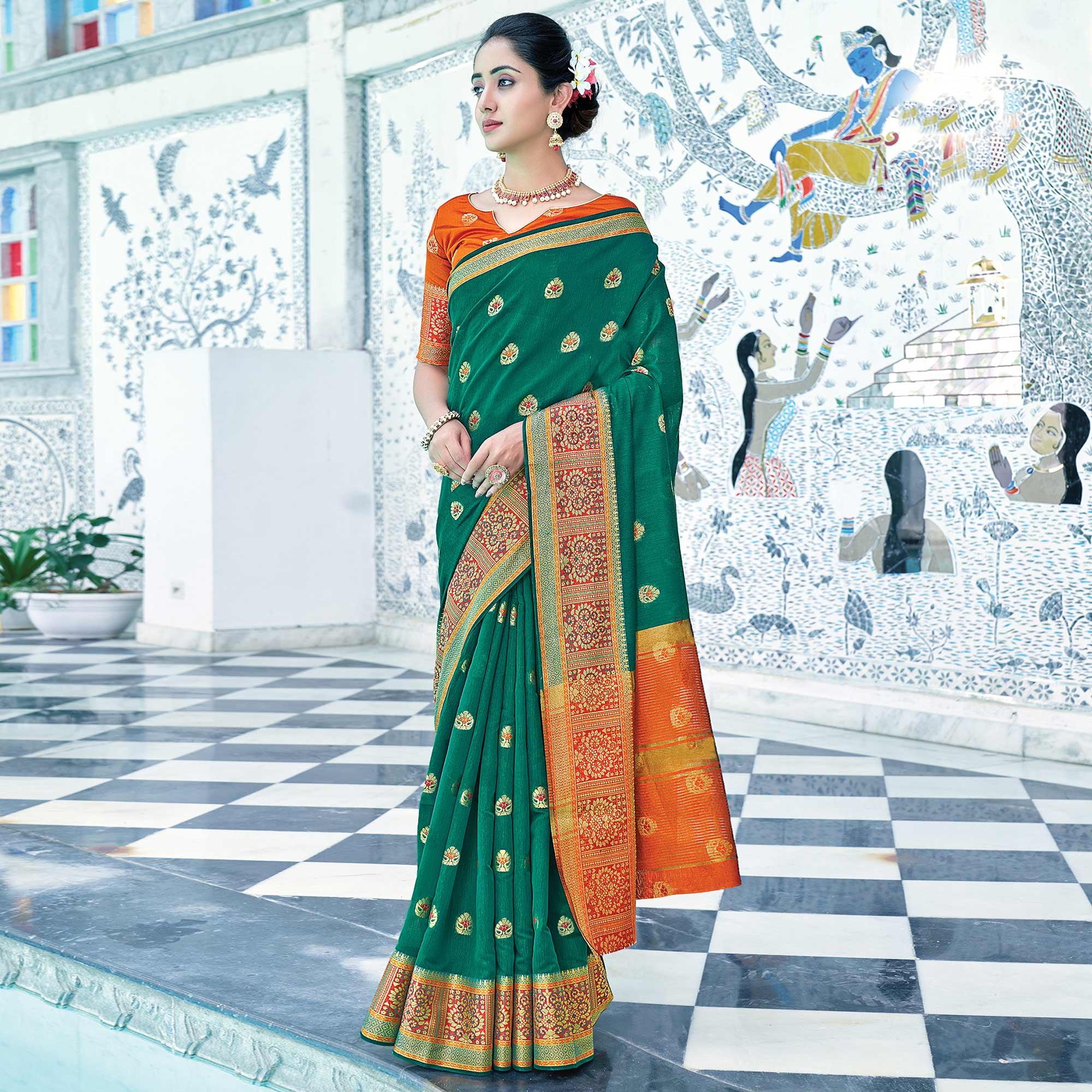 Green Festive Wear Embroidered Cotton Saree - Peachmode