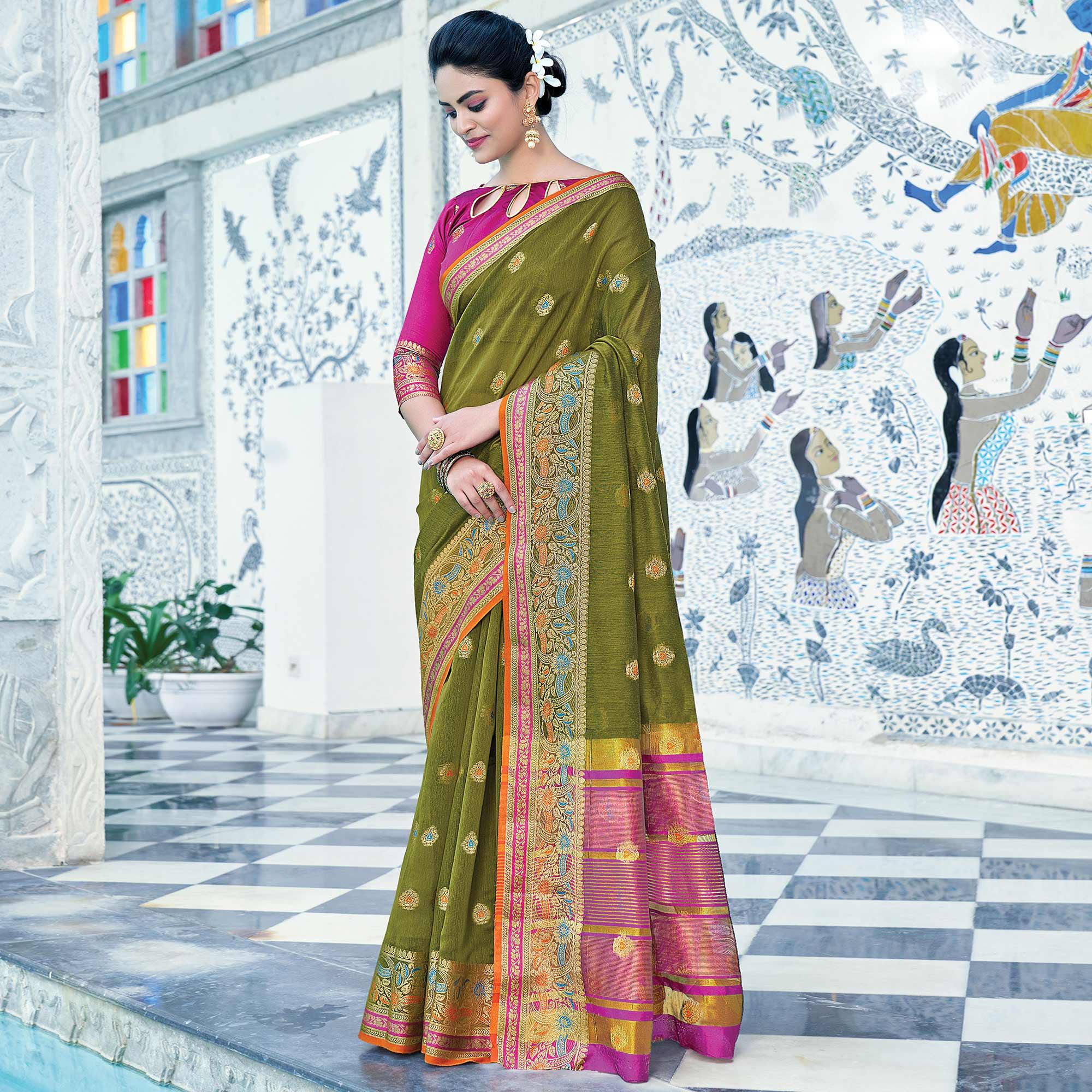 Green Festive Wear Embroidered Cotton Saree - Peachmode