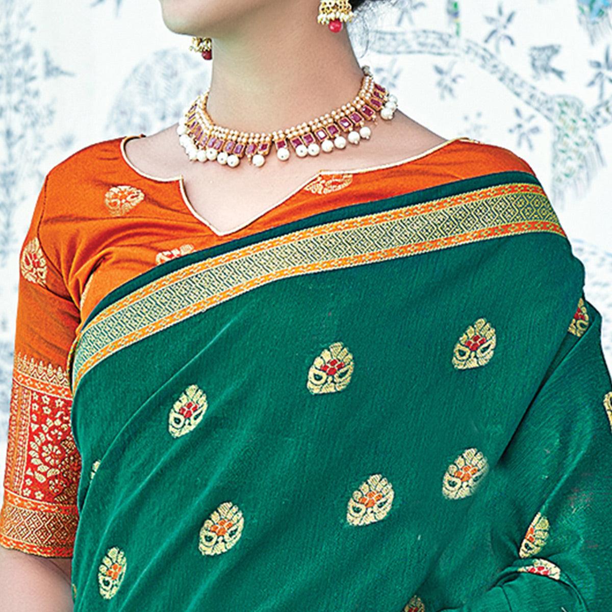 Green Festive Wear Embroidered Cotton Saree - Peachmode
