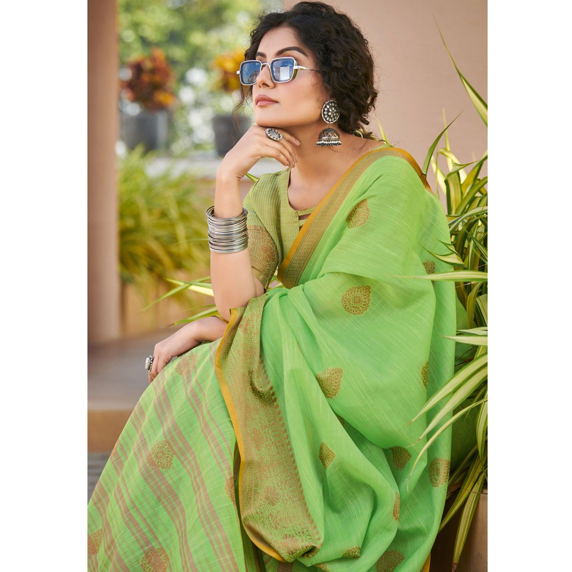 Green Festive Wear Embroidered Cotton Saree - Peachmode