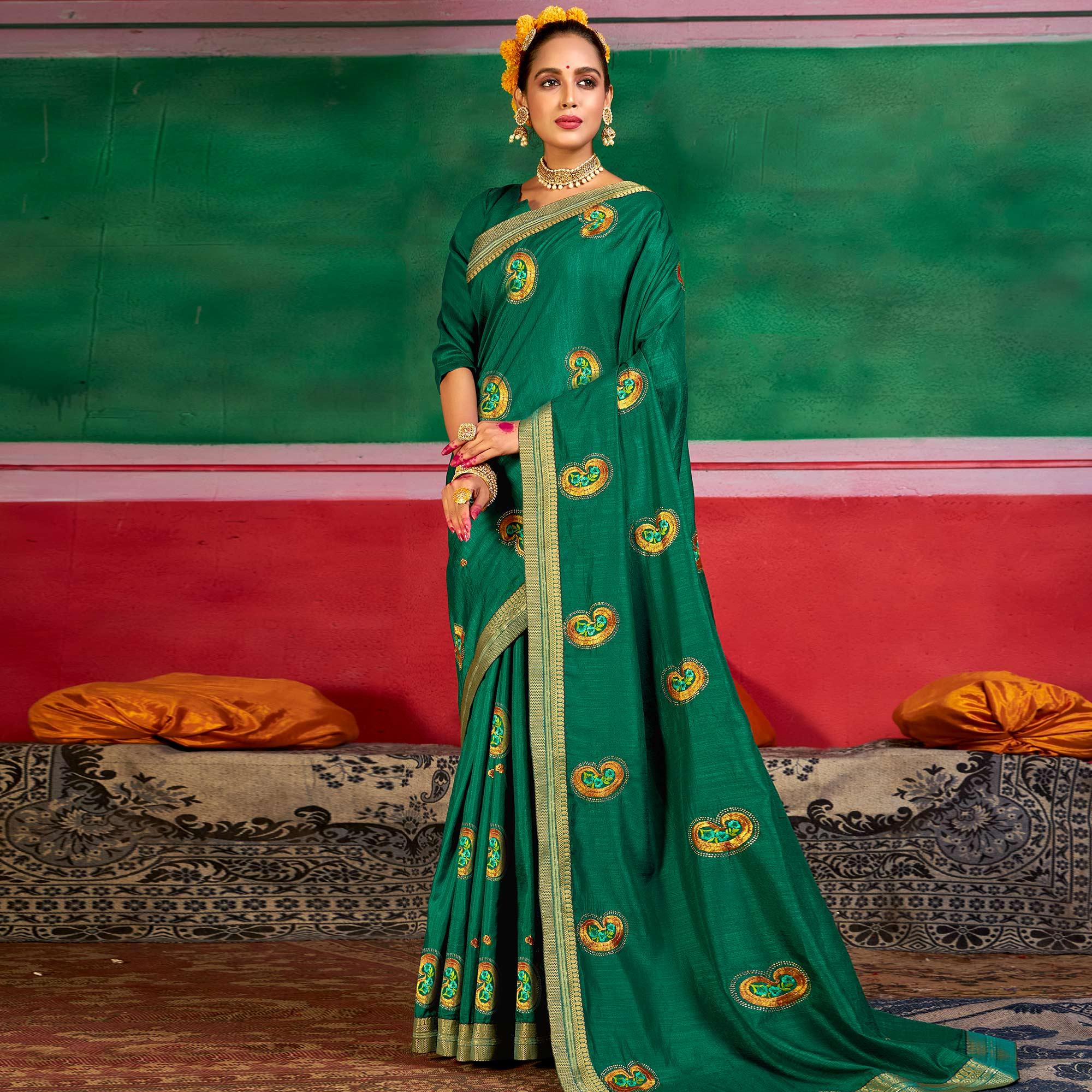 Green Festive Wear Embroidered Dola Silk Saree - Peachmode