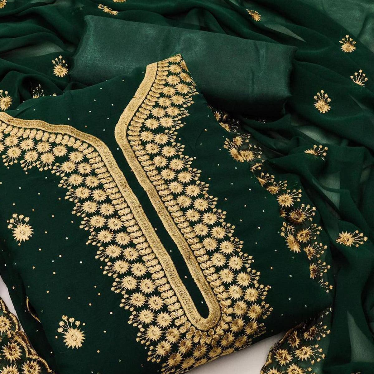 Green Festive Wear Embroidered Georgette Dress Material - Peachmode