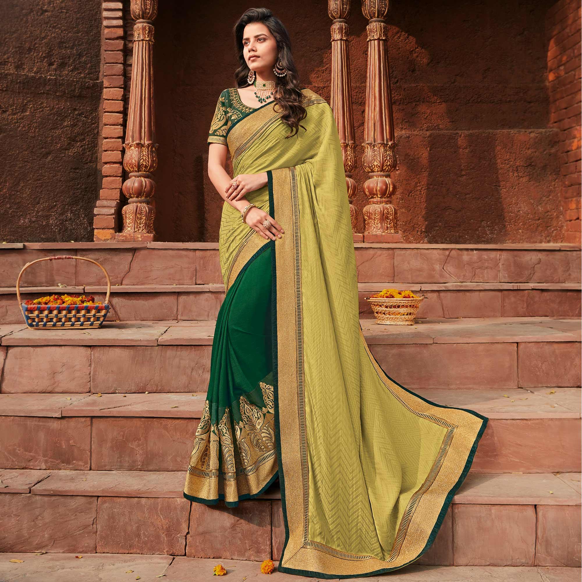 Green Festive Wear Embroidered Silk Saree - Peachmode