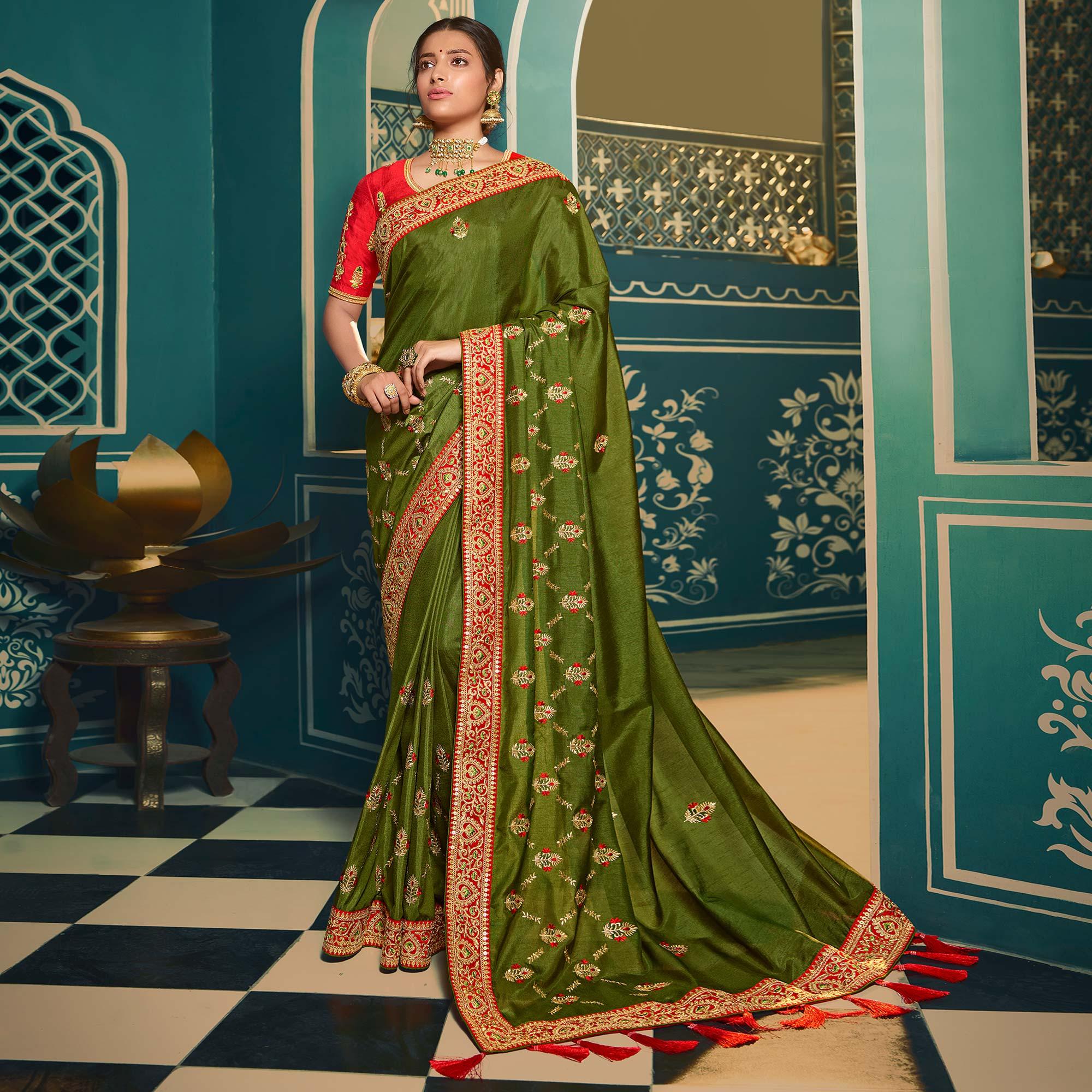 Green Festive Wear Embroidered Silk Saree - Peachmode