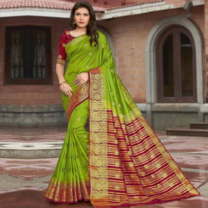 Green Festive Wear Embroidered Silk Saree - Peachmode