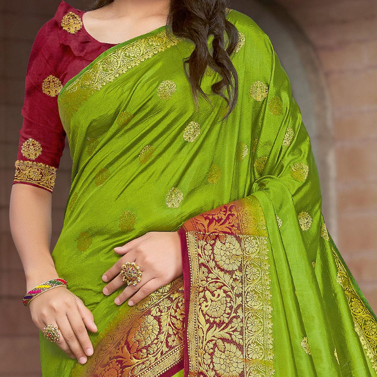 Green Festive Wear Embroidered Silk Saree - Peachmode