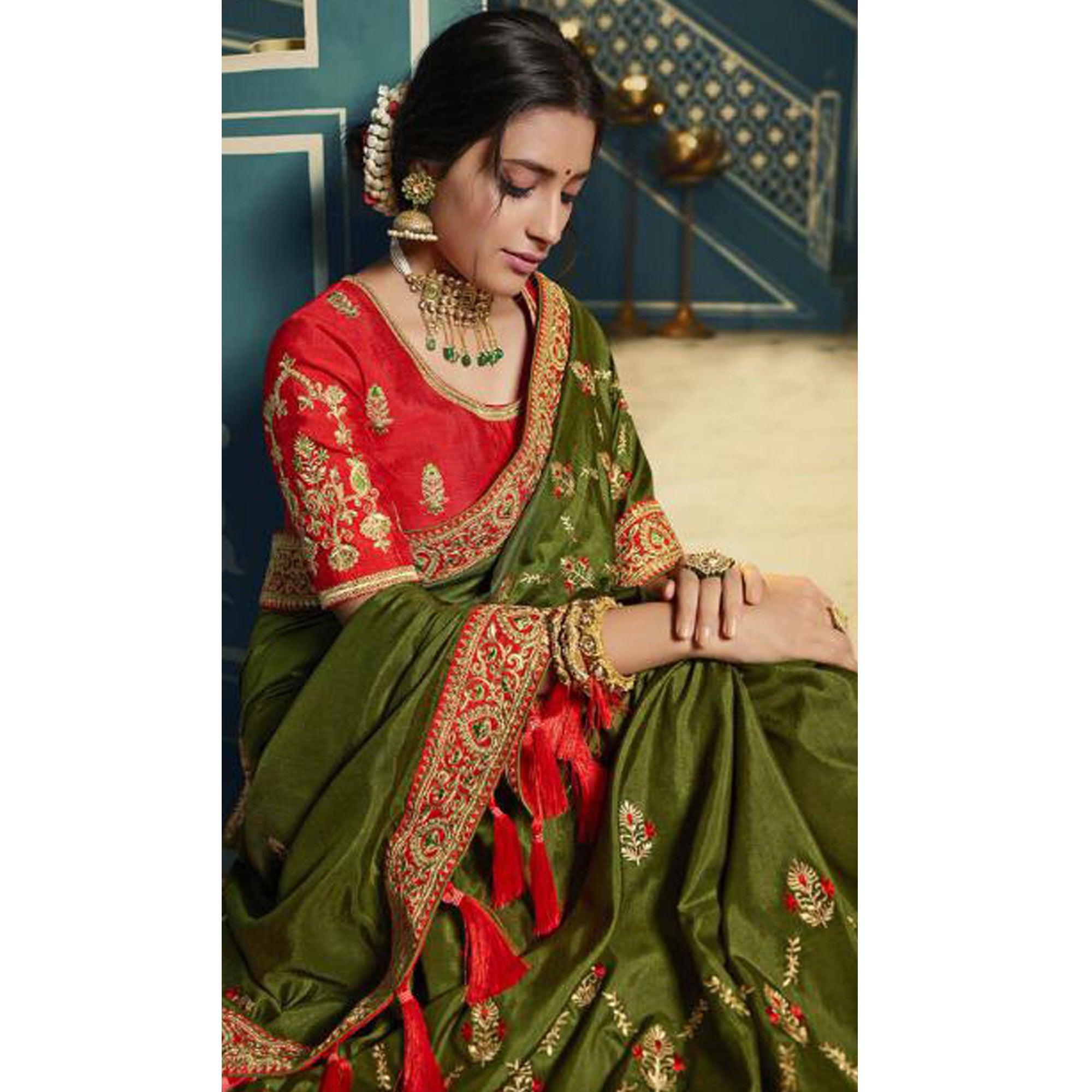 Green Festive Wear Embroidered Silk Saree - Peachmode