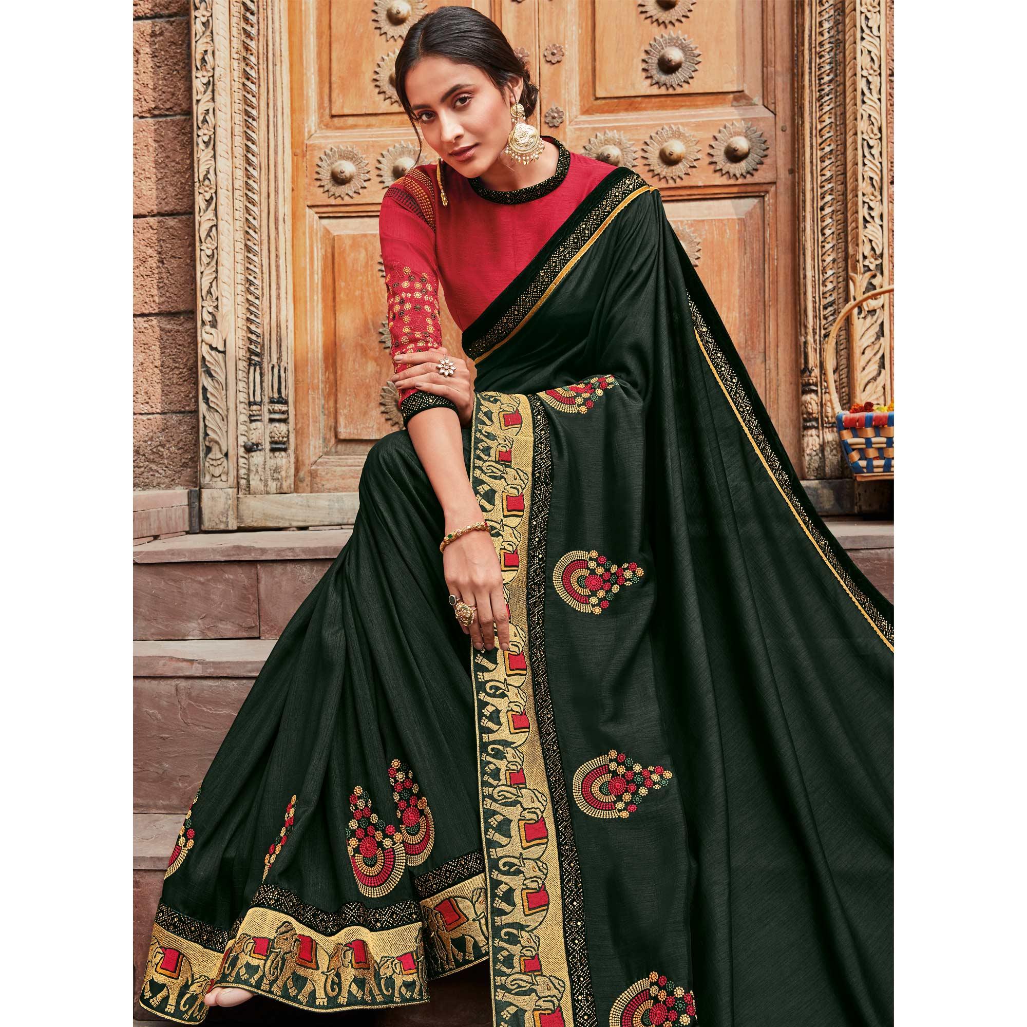 Green Festive Wear Embroidered Silk Saree - Peachmode
