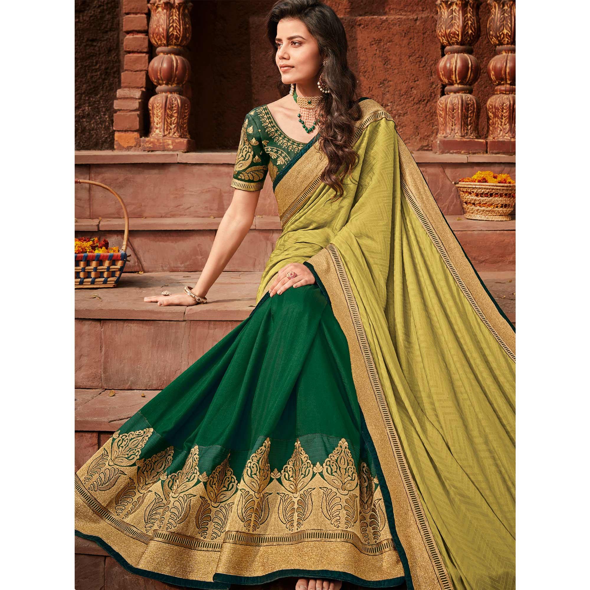 Green Festive Wear Embroidered Silk Saree - Peachmode