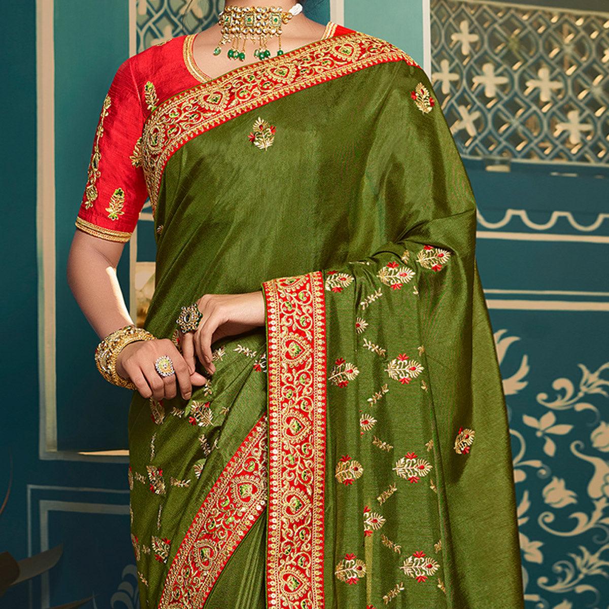 Green Festive Wear Embroidered Silk Saree - Peachmode