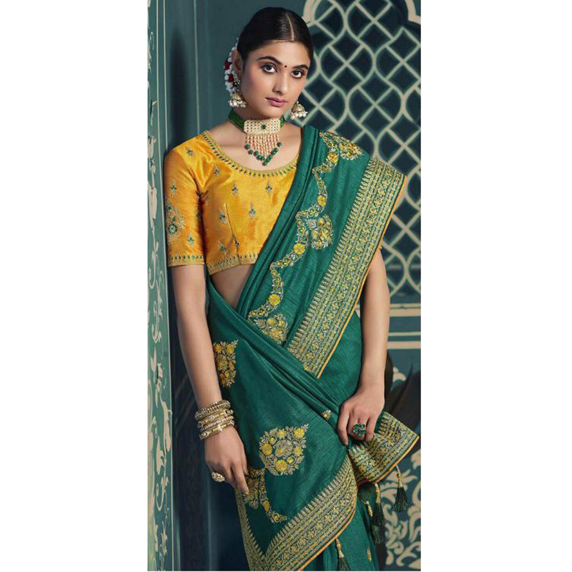 Green Festive Wear Embroidered Silk Saree - Peachmode